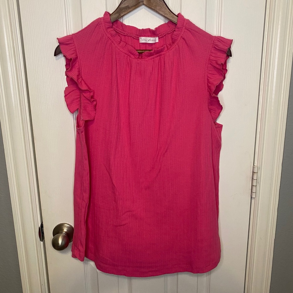 Ces Femme Womens Blouse Top XL Barbie Pink Ruffle Sleeve Mock Neck